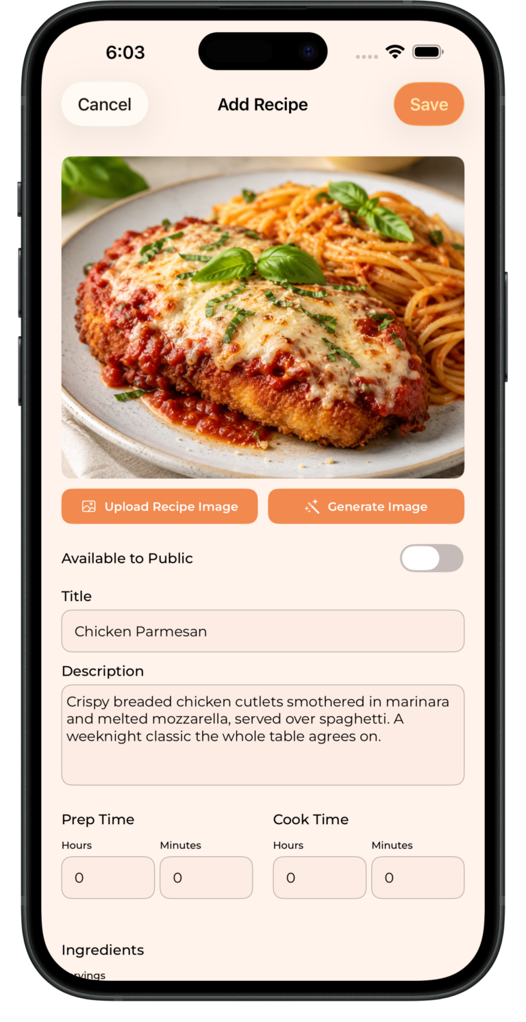 TastySpread create recipe screen on iPhone