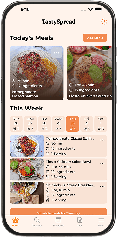 TastySpread on iOS — home screen showing today's meals