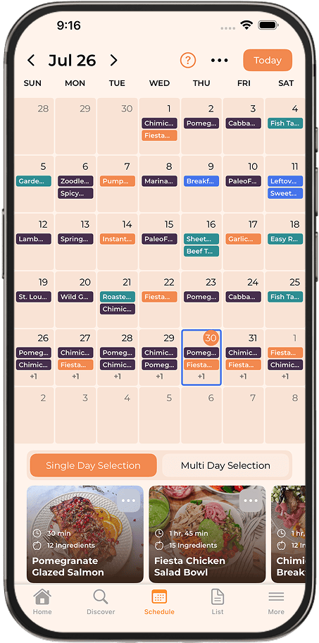 TastySpread on iOS — shared meal calendar with a week expanded
