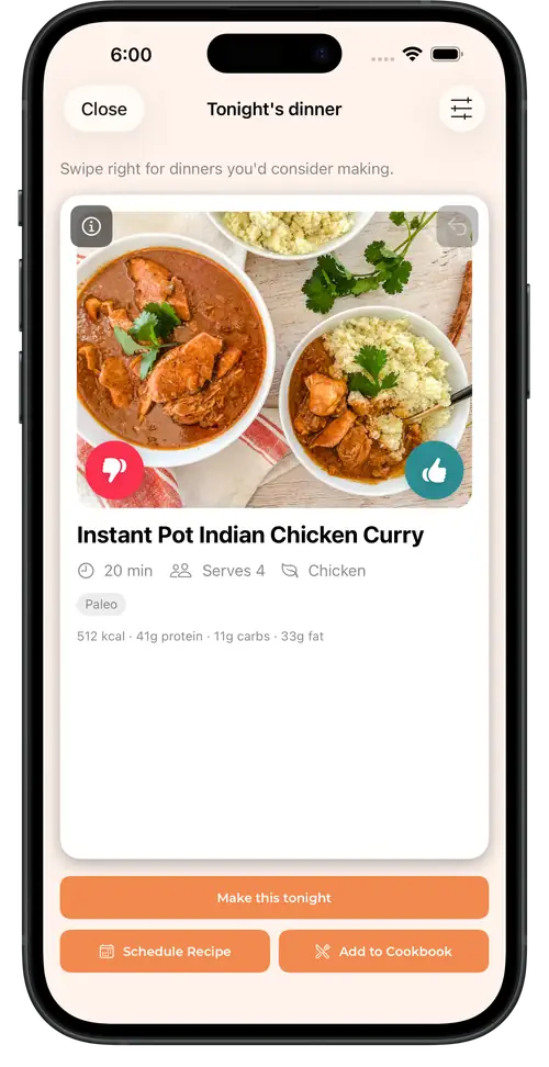 TastySpread Dinner Picker on an iPhone. Swipe right to keep a recipe, swipe left to pass for now.