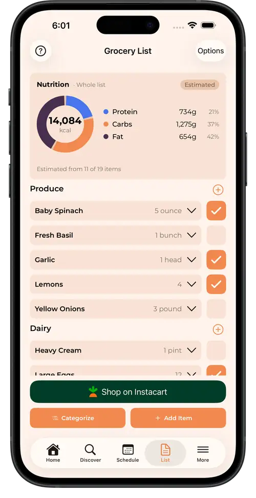 TastySpread grocery list on an iPhone, built from the meals on the calendar.