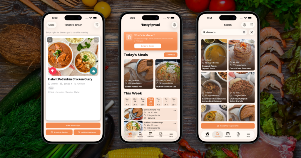 TastySpread on a phone: dinner picker, home, and search