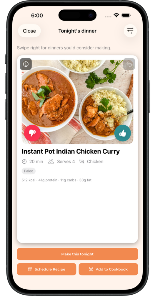TastySpread Dinner Picker on iPhone. Swipe right to keep a recipe, or left to pass for now.