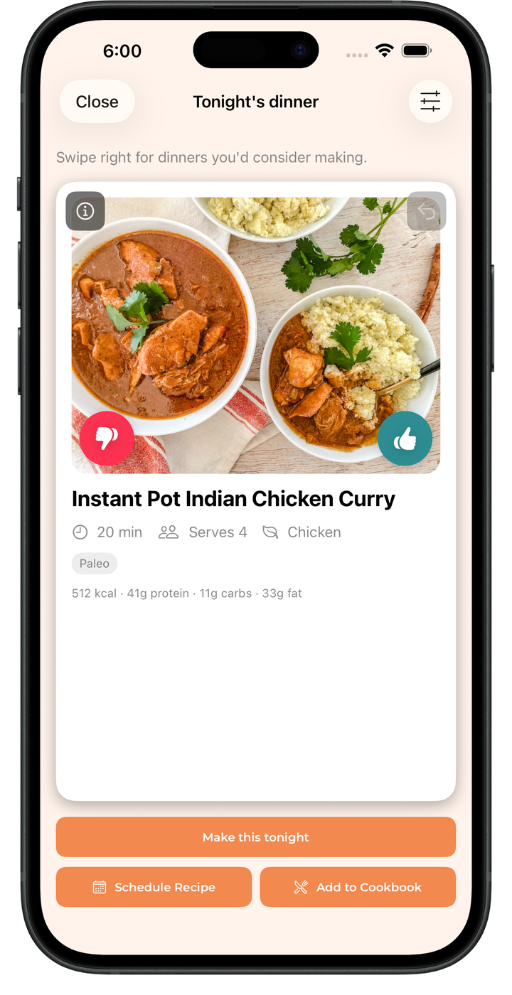 TastySpread Dinner Picker on iPhone. Swipe right to keep a recipe, or left to pass for now.