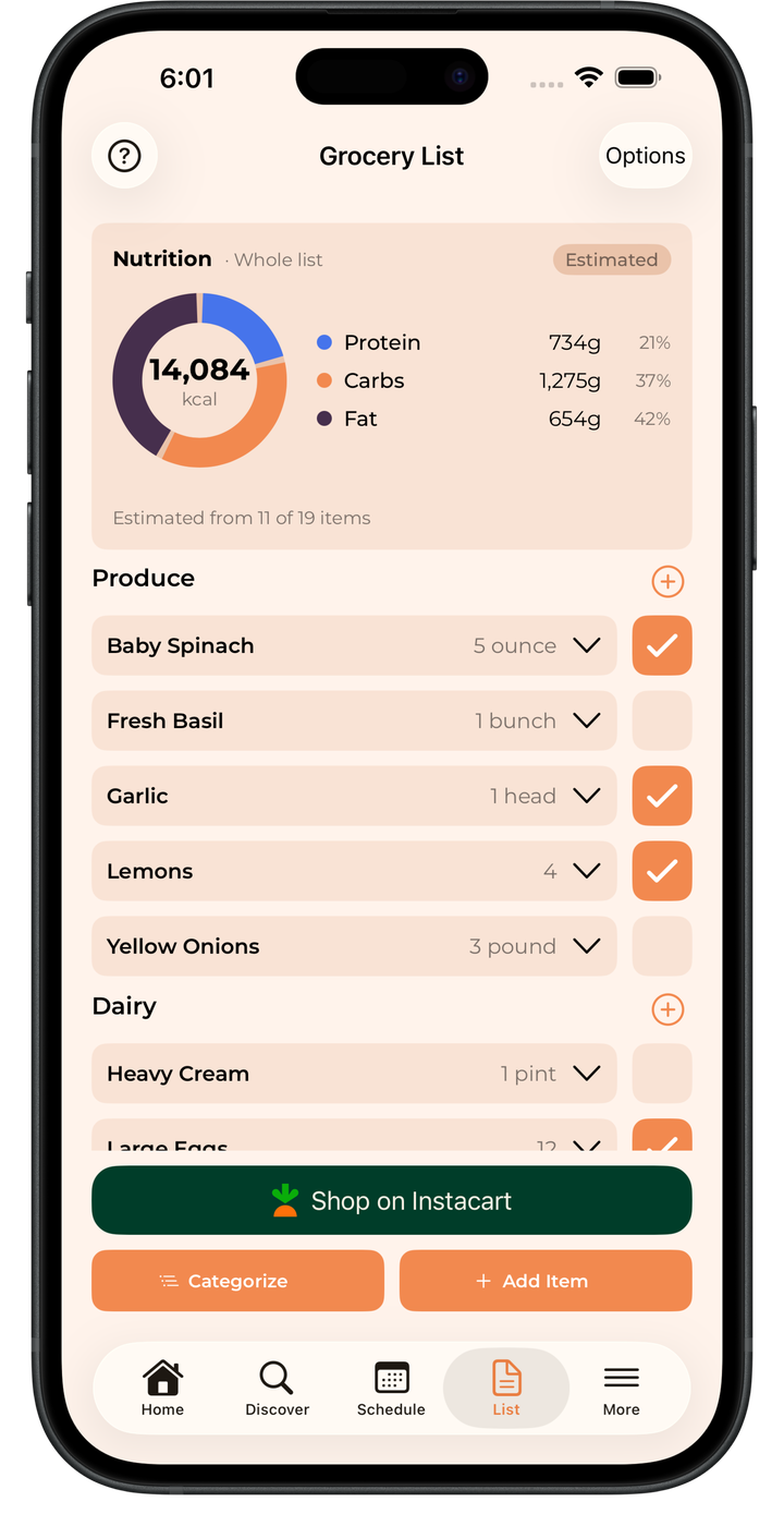 TastySpread grocery list on iPhone.