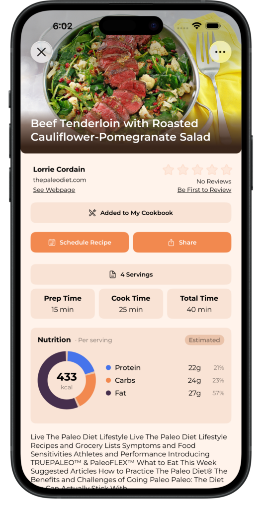 TastySpread recipe details on iPhone, with the recipe photo at the top
