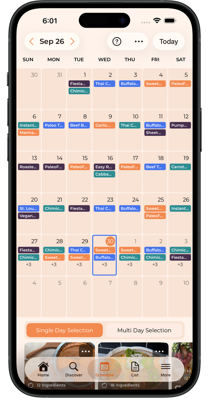 TastySpread weekly schedule on iPhone.