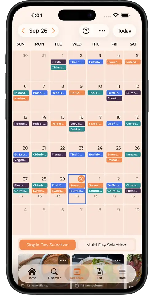 TastySpread weekly dinner schedule on an iPhone.